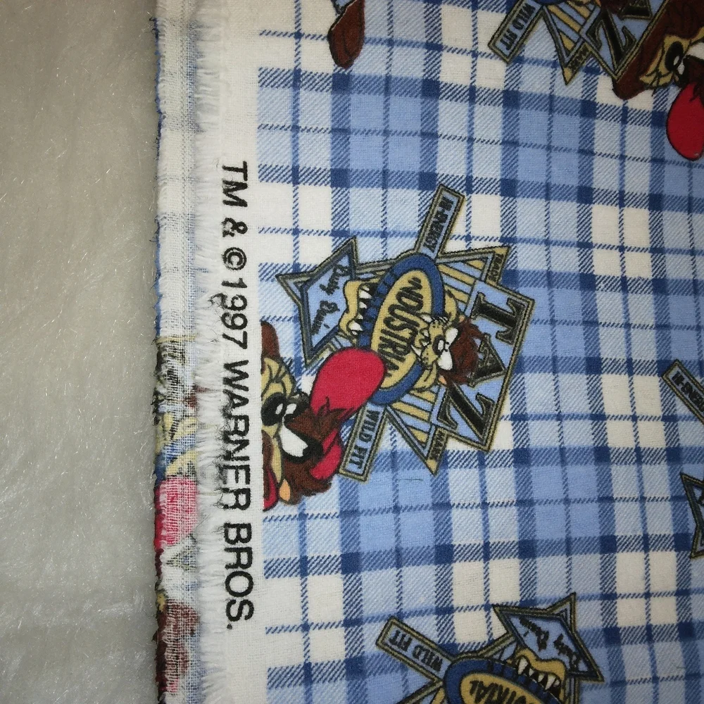FABRIC Tasmanian Devil On Blue Plaid Flannel, Warner Brothers Licensed, c. 1997